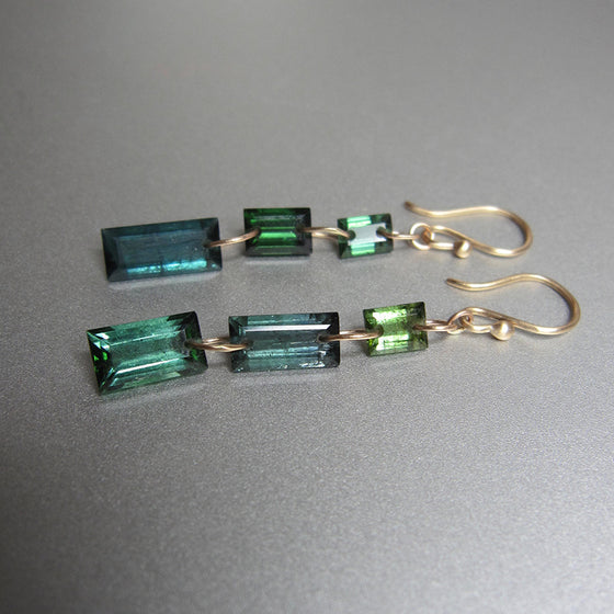 triple mismatched green tourmaline baguette solid 14k gold earrings