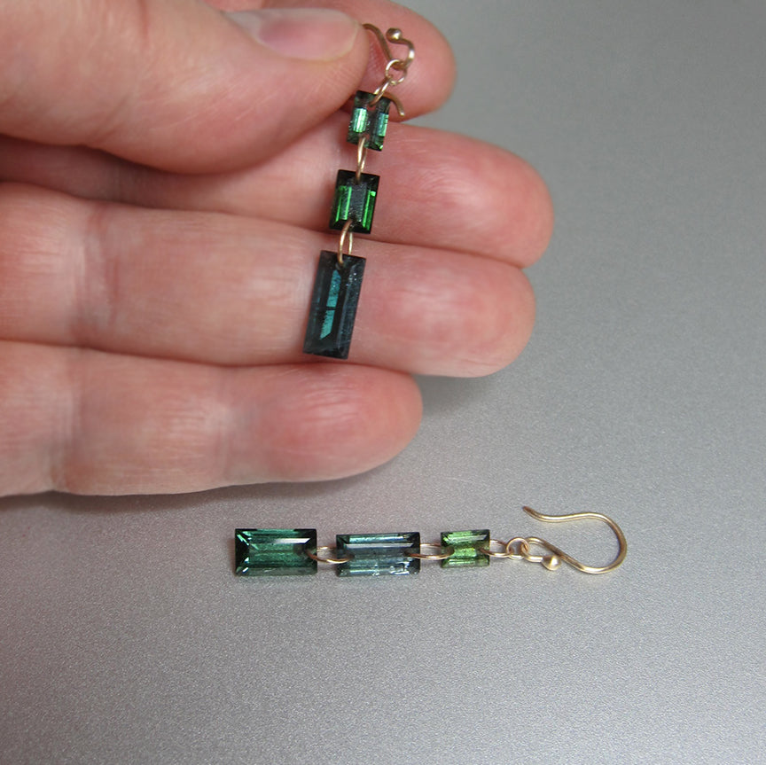 triple mismatched green tourmaline baguette solid 14k gold earrings3
