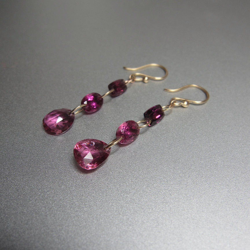 pink tourmaline triple drops solid 14k gold earrings