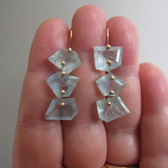 geometric nugget aquamarine triple drops solid 14k gold earrings