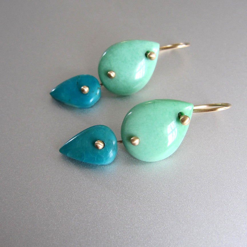 Green Variscite and Blue Turquoise Slice Double Drops Solid 14k Gold Earrings3