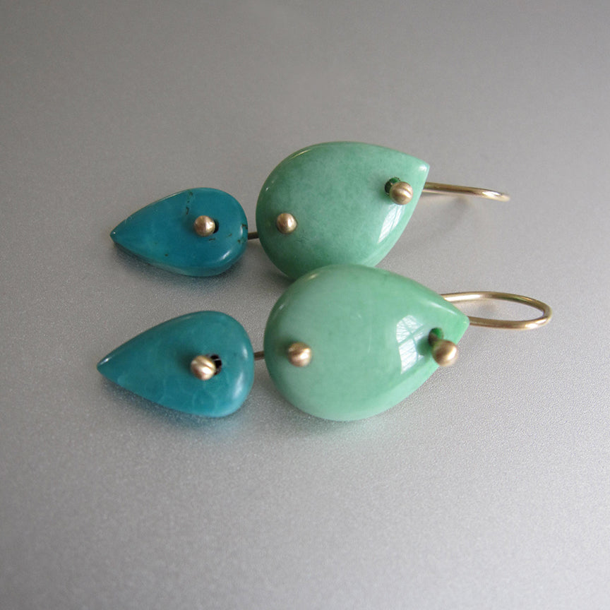 Green Variscite and Blue Turquoise Slice Double Drops Solid 14k Gold Earrings