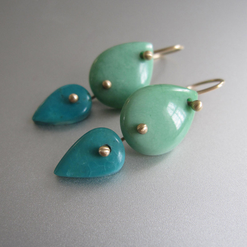 Green Variscite and Blue Turquoise Slice Double Drops Solid 14k Gold Earrings4