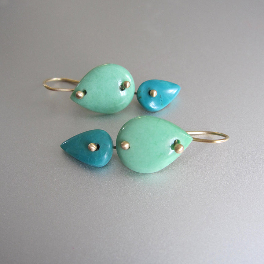 Green Variscite and Blue Turquoise Slice Double Drops Solid 14k Gold Earrings5