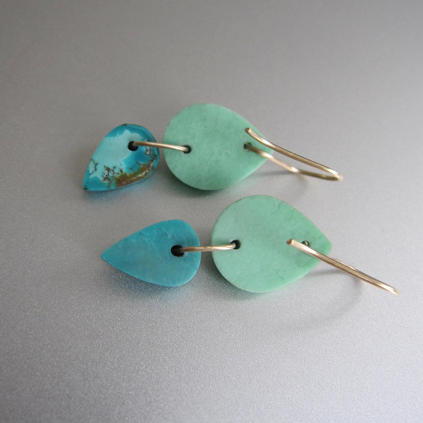 Green Variscite and Blue Turquoise Slice Double Drops Solid 14k Gold Earrings6