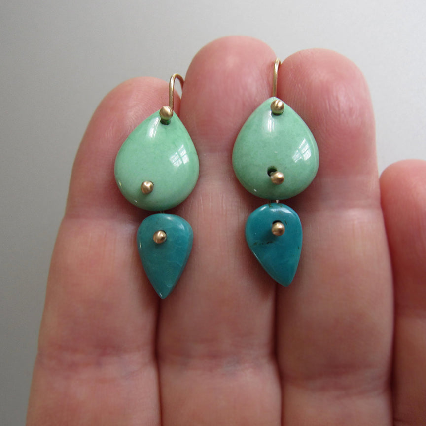 Green Variscite and Blue Turquoise Slice Double Drops Solid 14k Gold Earrings2