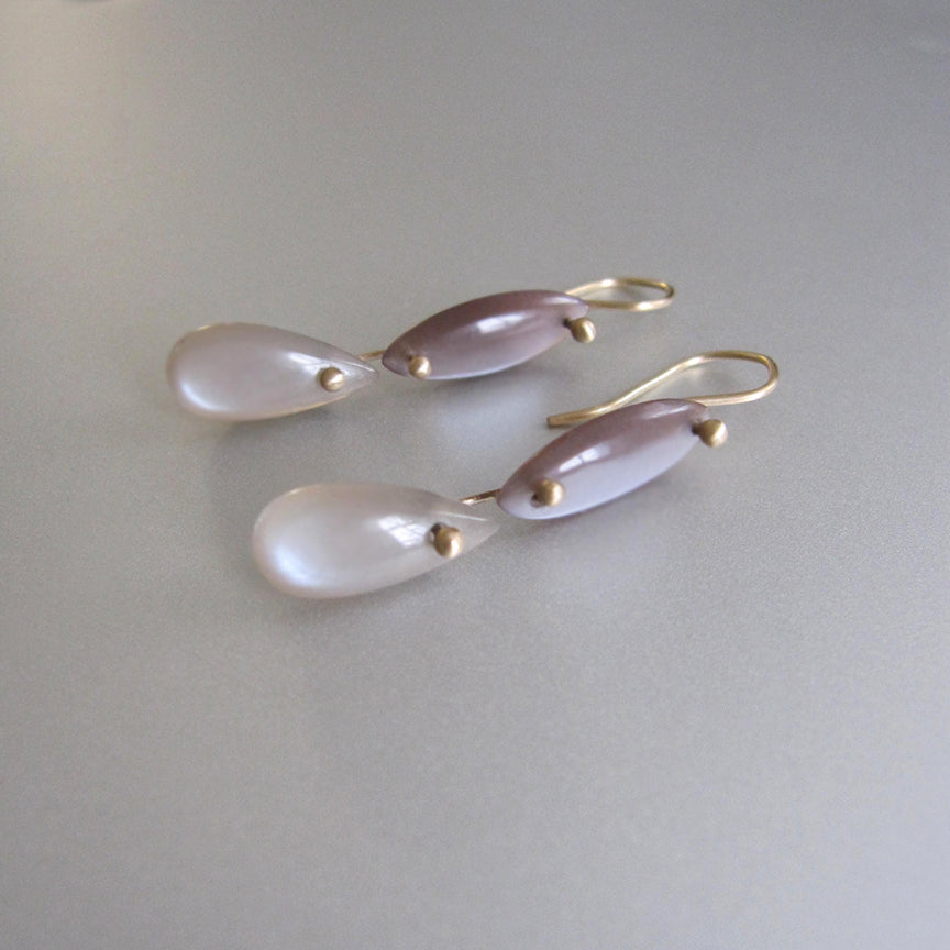 chocolate and gray moonstone smooth double drops solid 14k gold earrings
