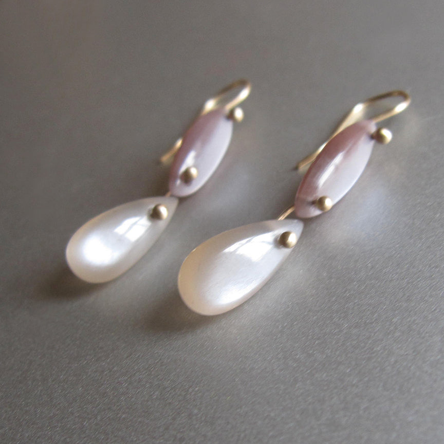 chocolate and gray moonstone smooth double drops solid 14k gold earrings