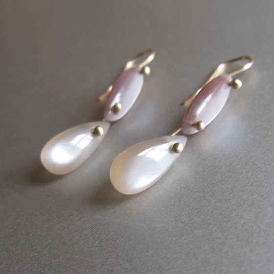 chocolate and gray moonstone smooth double drops solid 14k gold earrings