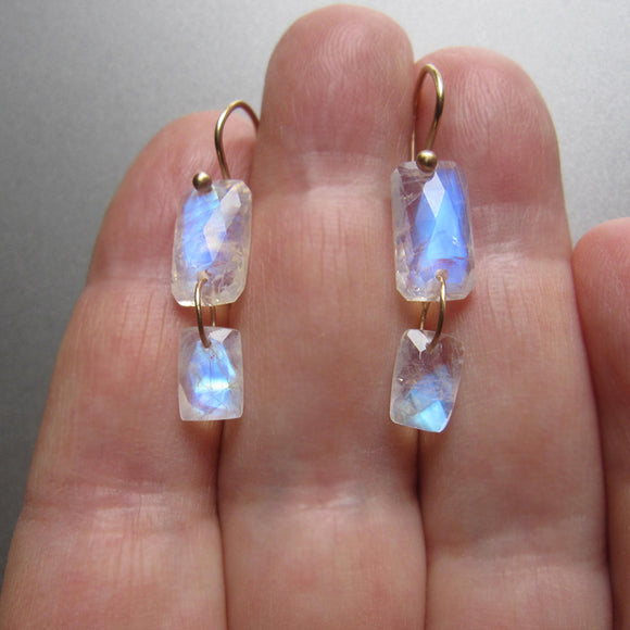 rainbow moonstone rectangle double drops solid 14k gold earrings