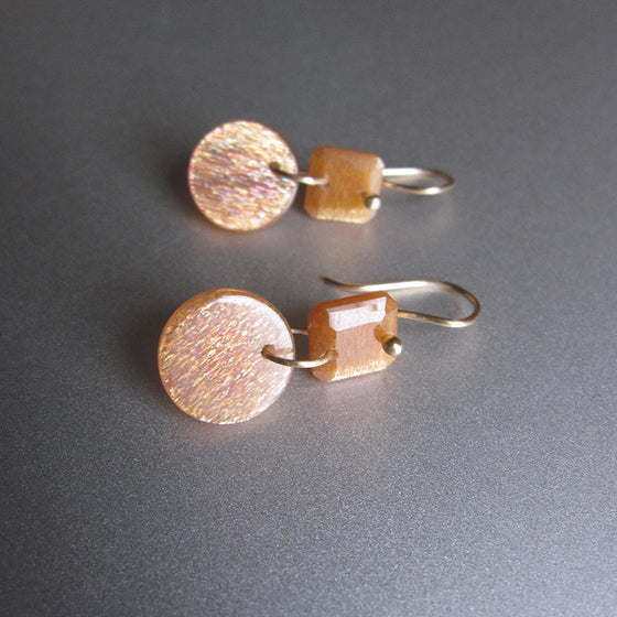 sunstone cushion and disc double drops solid 14k gold earrings