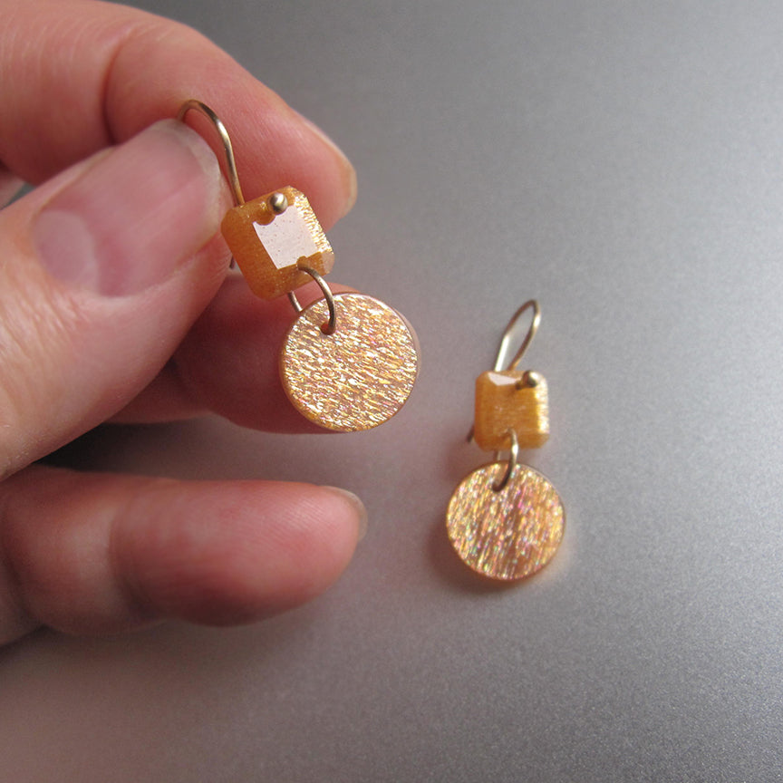 sunstone cushion and disc double drops solid 14k gold earrings4