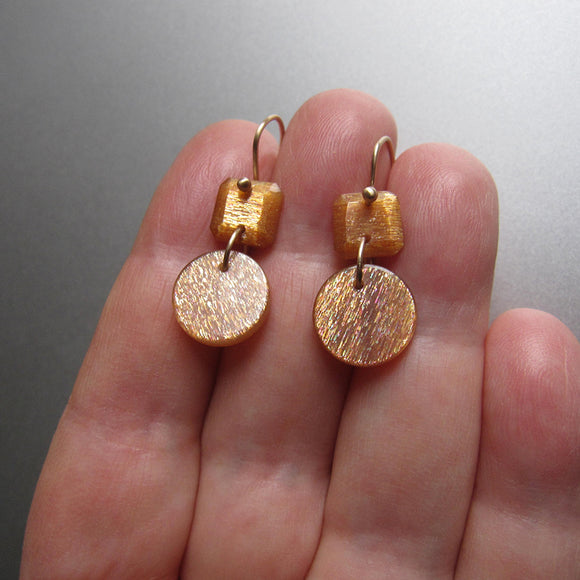 sunstone cushion and disc double drops solid 14k gold earrings