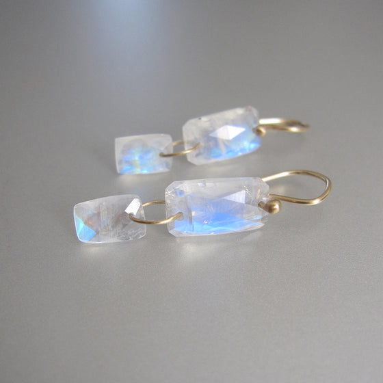 rainbow moonstone rectangle double drops solid 14k gold earrings