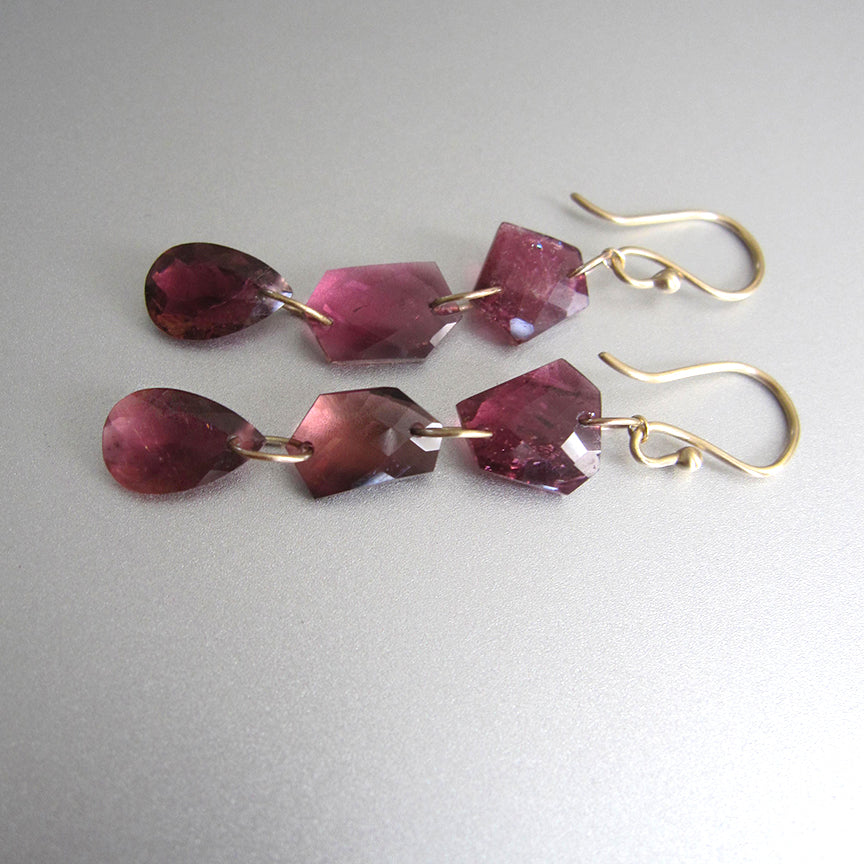 Deep pink rubellite triple drops solid 14k gold earrings2
