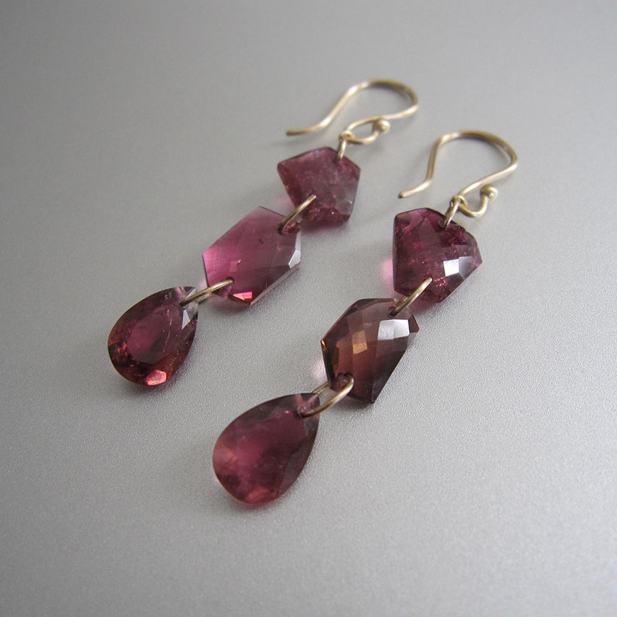 Deep pink rubellite triple drops solid 14k gold earrings4