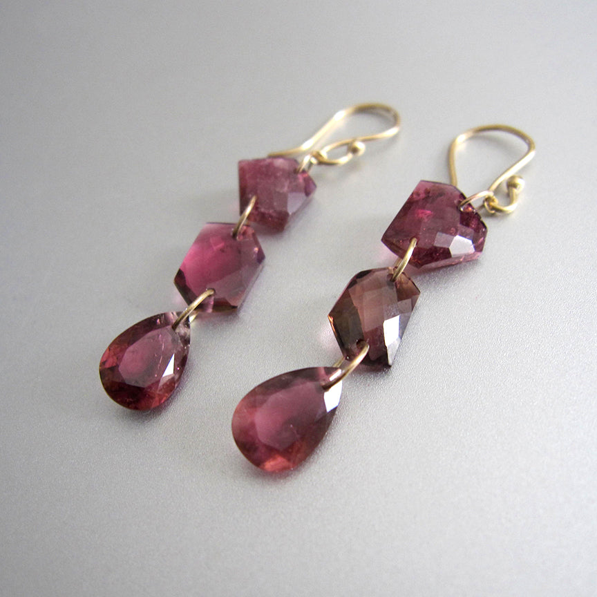 Deep pink rubellite triple drops solid 14k gold earrings