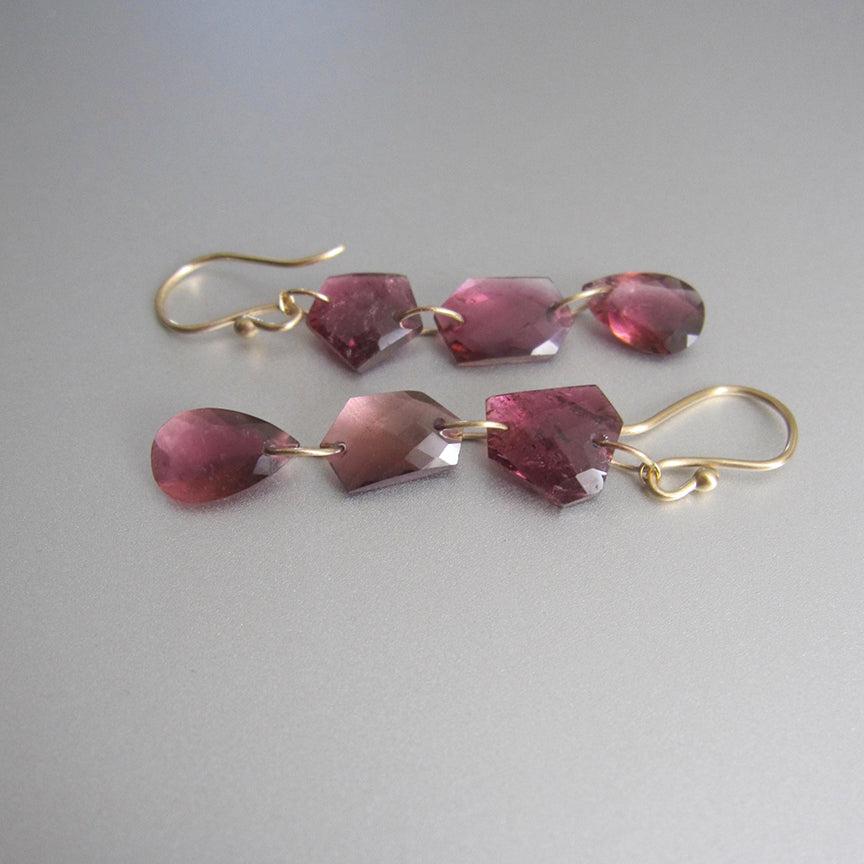 Deep pink rubellite triple drops solid 14k gold earrings5