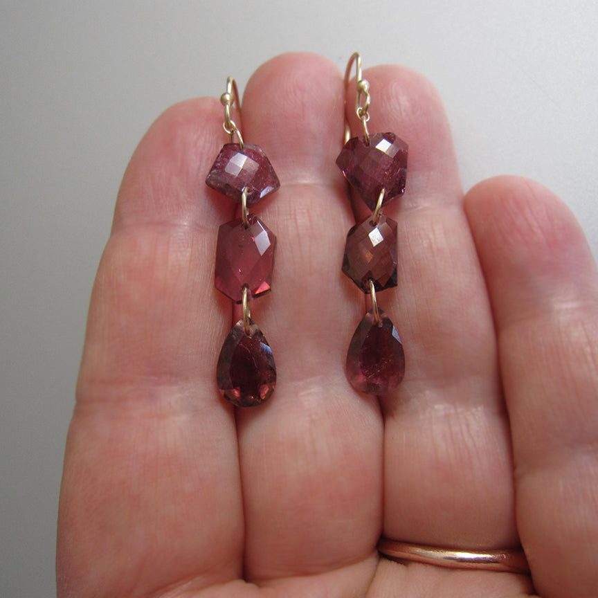 Deep pink rubellite triple drops solid 14k gold earrings6