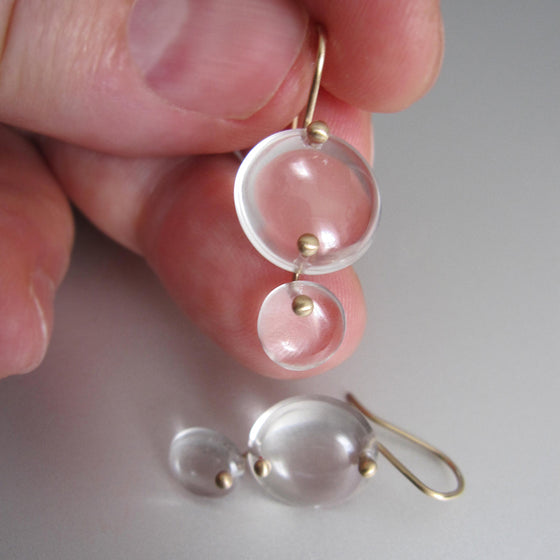 crystal quartz double circle drops solid 14k gold earrings