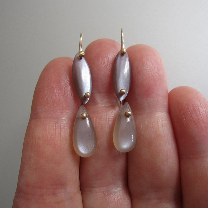 chocolate and gray moonstone smooth double drops solid 14k gold earrings2