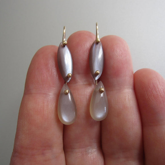 chocolate and gray moonstone smooth double drops solid 14k gold earrings