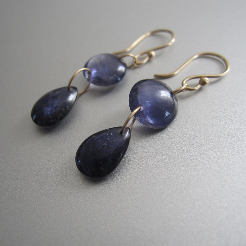 smooth iolite double drops solid 14k gold earrings