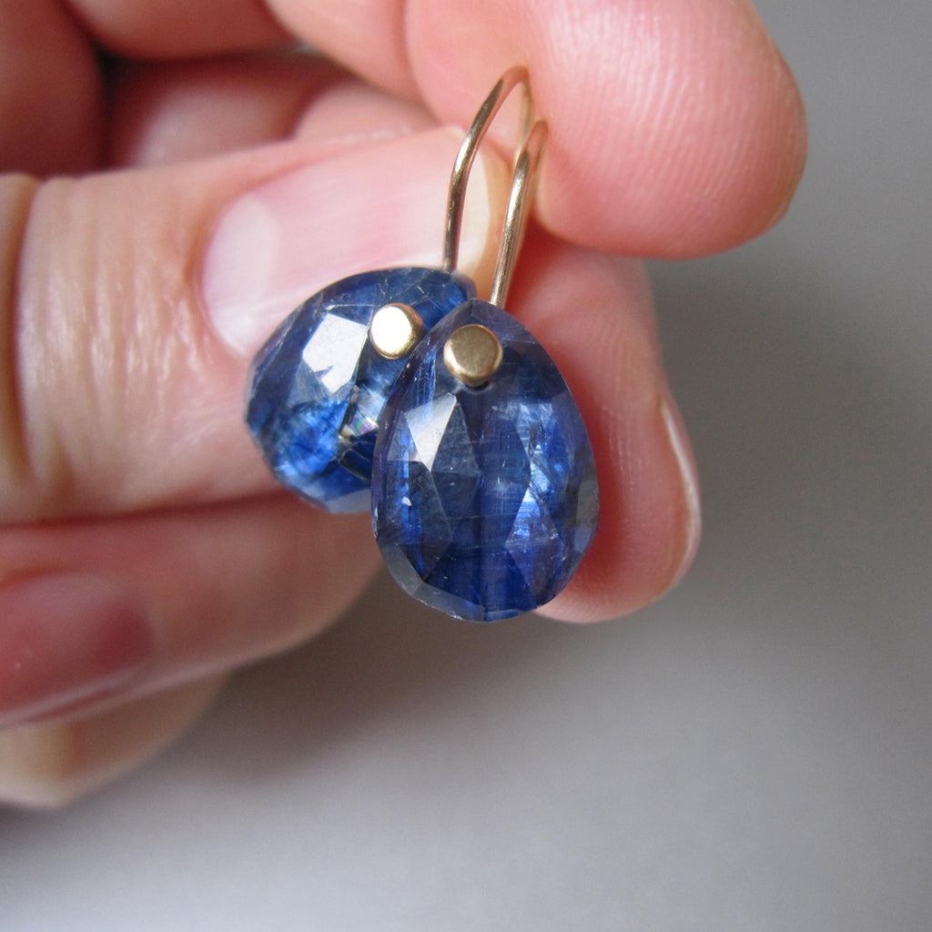 sapphire blue kyanite rose cut drops solid 14k gold earrings