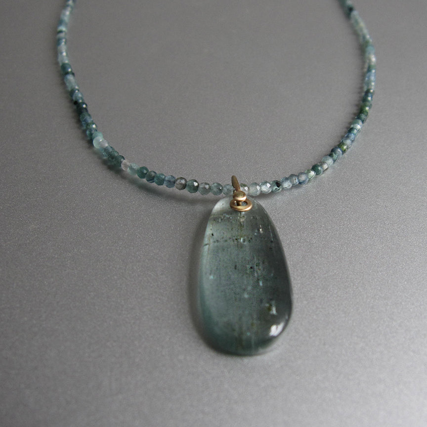 blue tourmaline seed bead choker with long smooth moss aquamarine pendant solid 14k gold necklace