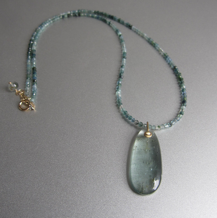 blue tourmaline seed bead choker with long smooth moss aquamarine pendant solid 14k gold necklace2