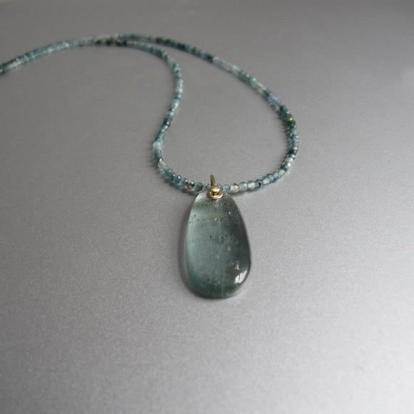 blue tourmaline seed bead choker with long smooth moss aquamarine pendant solid 14k gold necklace4