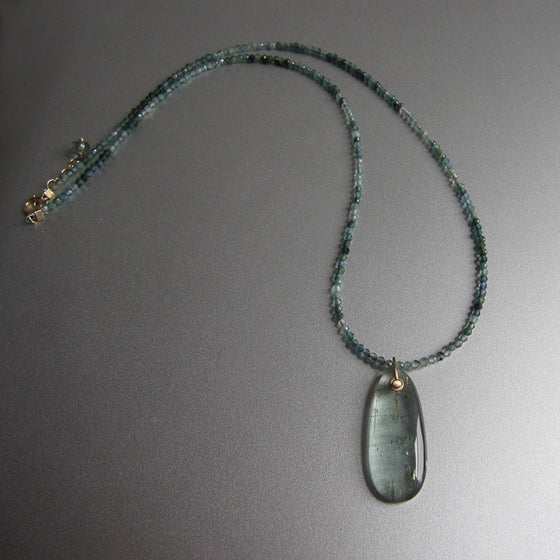 blue tourmaline seed bead choker with long smooth moss aquamarine pendant solid 14k gold necklace4