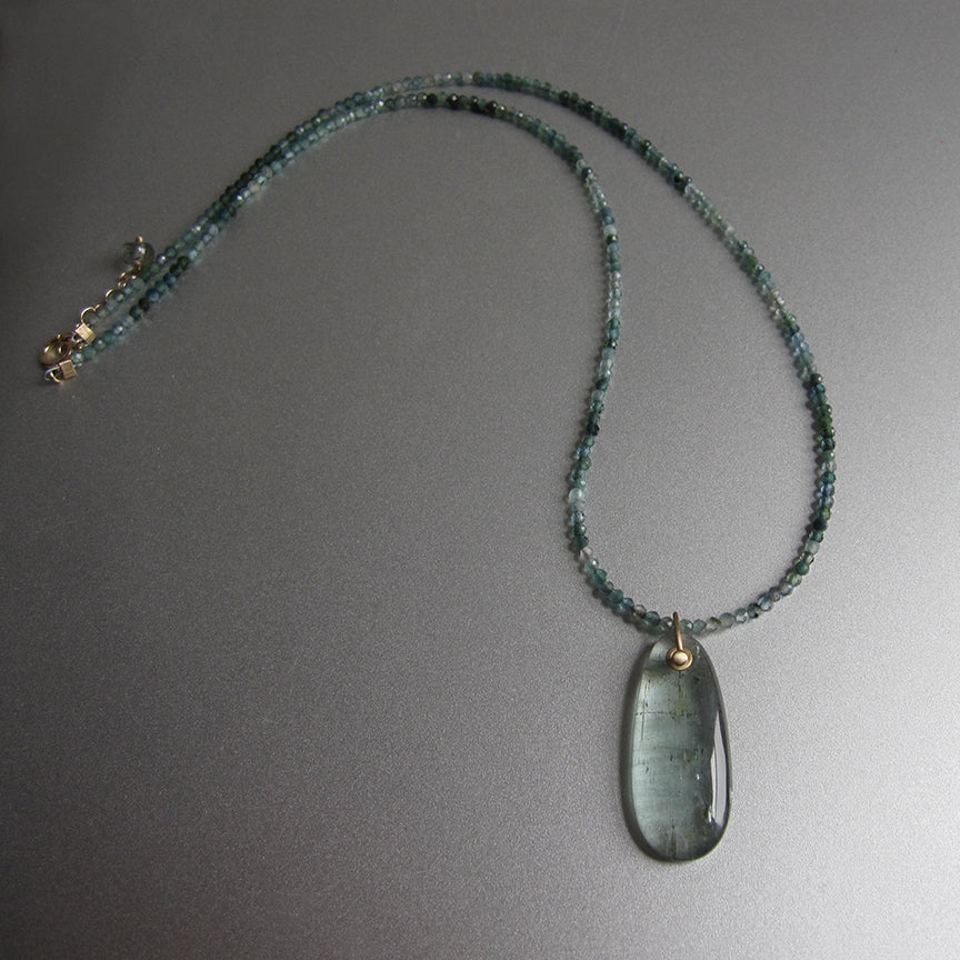 blue tourmaline seed bead choker with long smooth moss aquamarine pendant solid 14k gold necklace4