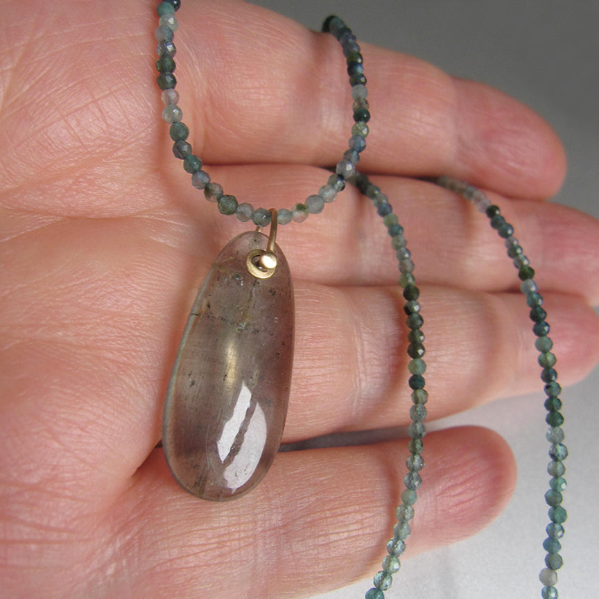 blue tourmaline seed bead choker with long smooth moss aquamarine pendant solid 14k gold necklace5
