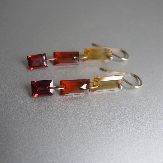 citrine and garnet triple baguette drops solid 14k gold earrings