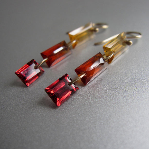 citrine and garnet triple baguette drops solid 14k gold earrings