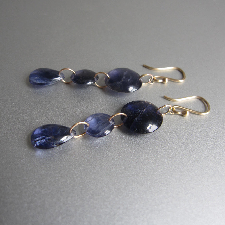 Reserved for Y --- Iolite Smooth Triple Drop, Solid 14k Gold Earrings