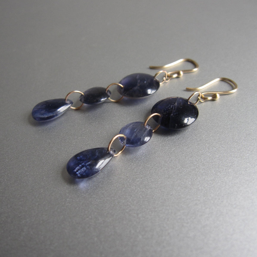 Reserved for Y --- Iolite Smooth Triple Drop, Solid 14k Gold Earrings
