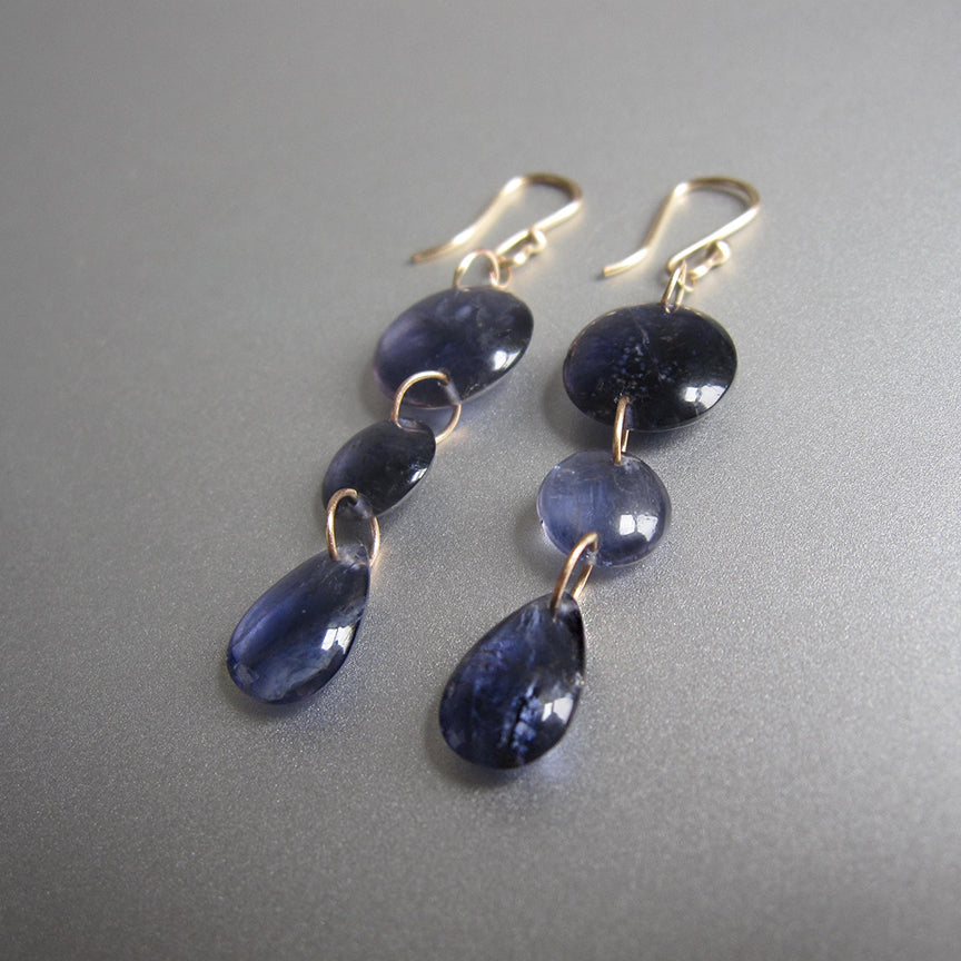 Reserved for Y --- Iolite Smooth Triple Drop, Solid 14k Gold Earrings