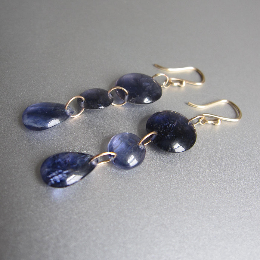 Reserved for Y --- Iolite Smooth Triple Drop, Solid 14k Gold Earrings