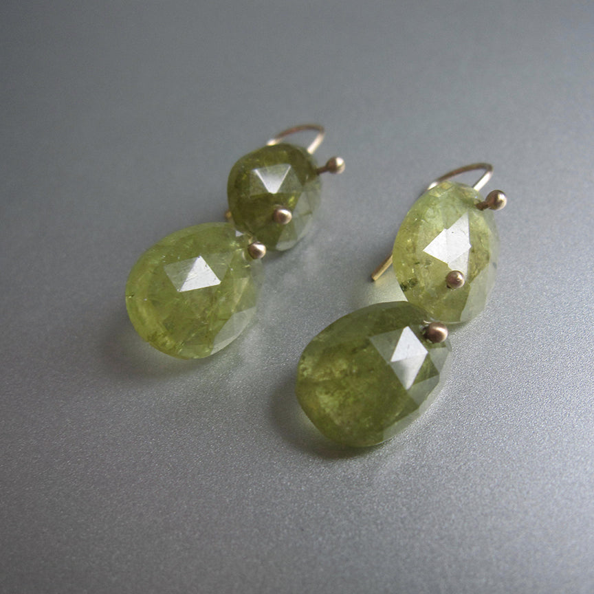light green garnet rose cut double drops solid 14k gold earrings