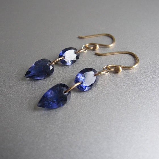 deep blue iolite double drops solid 14k gold earrings