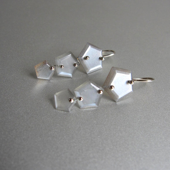 gray moonstone hex slices triple drop solid 14k white gold earrings