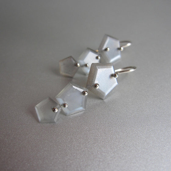 gray moonstone hex slices triple drop solid 14k white gold earrings