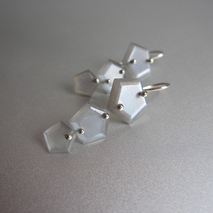 gray moonstone hex slices triple drop solid 14k white gold earrings