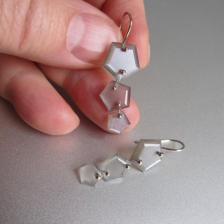 gray moonstone hex slices triple drop solid 14k white gold earrings5