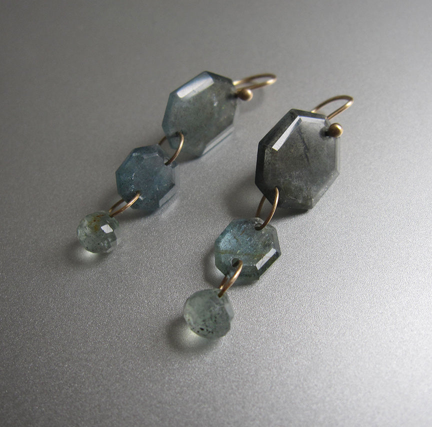 moss aquamarine angular slice and faceted drop triple stone solid 14k gold earrings