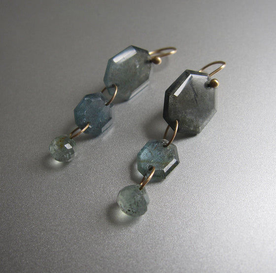 moss aquamarine angular slice and faceted drop triple stone solid 14k gold earrings