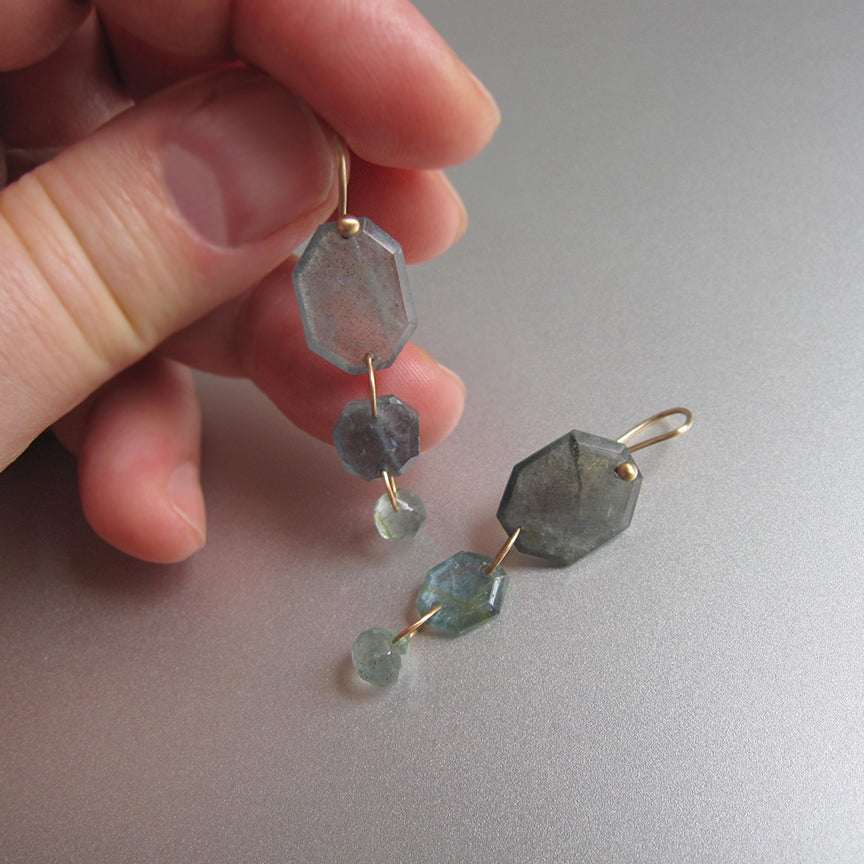 moss aquamarine angular slice and faceted drop triple stone solid 14k gold earrings3