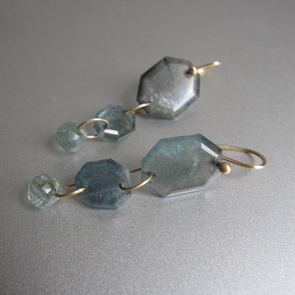 moss aquamarine angular slice and faceted drop triple stone solid 14k gold earrings
